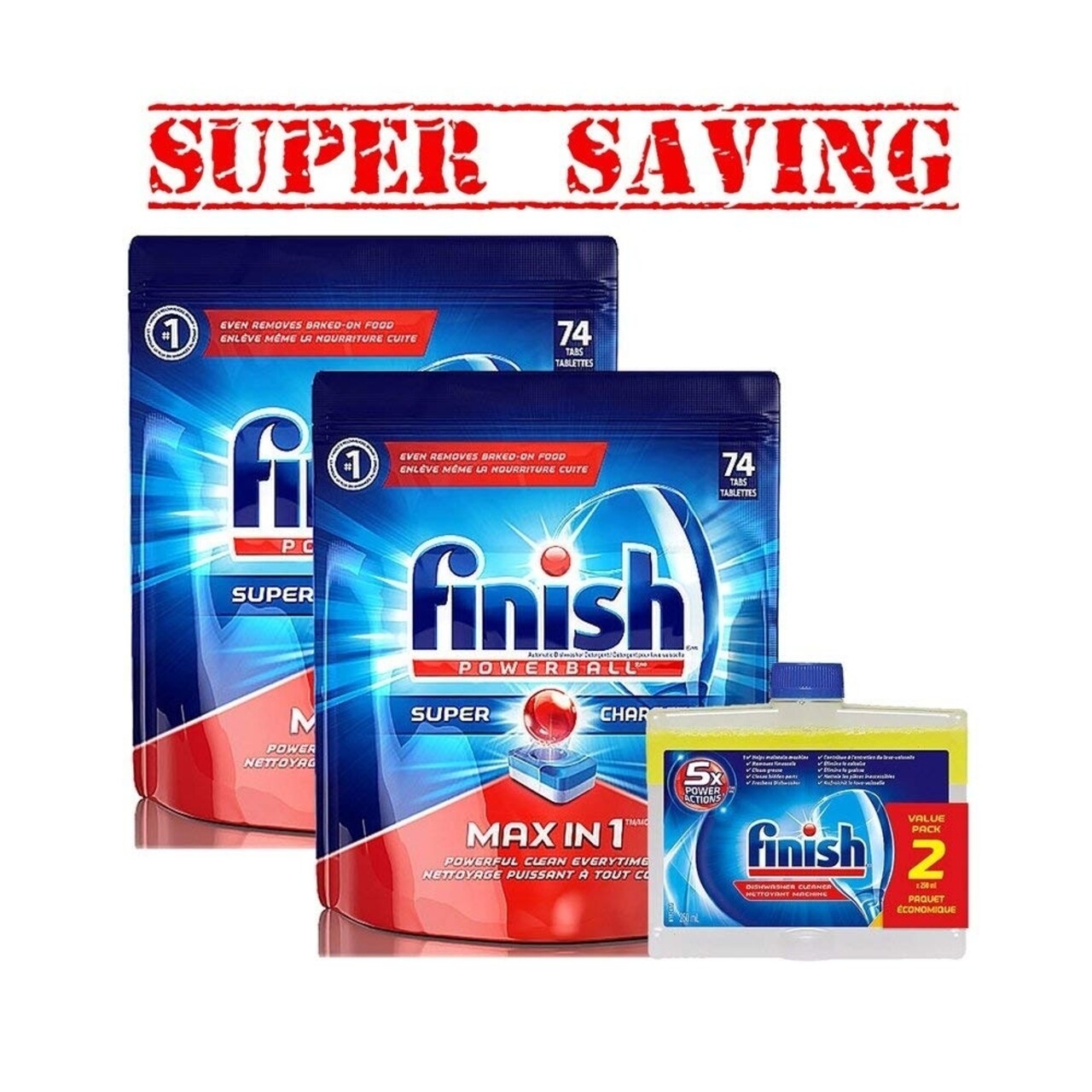 Finish 2X Dishwasher Detergent Soap, Max In 1 Powerball , 74 Tablets and 2 Pk Dishwasher Cleaner 2 X 250 Ml- Super